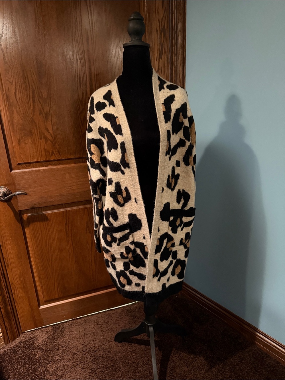 Altar'd State Cream & Black Leopard-Print Open Cardigan